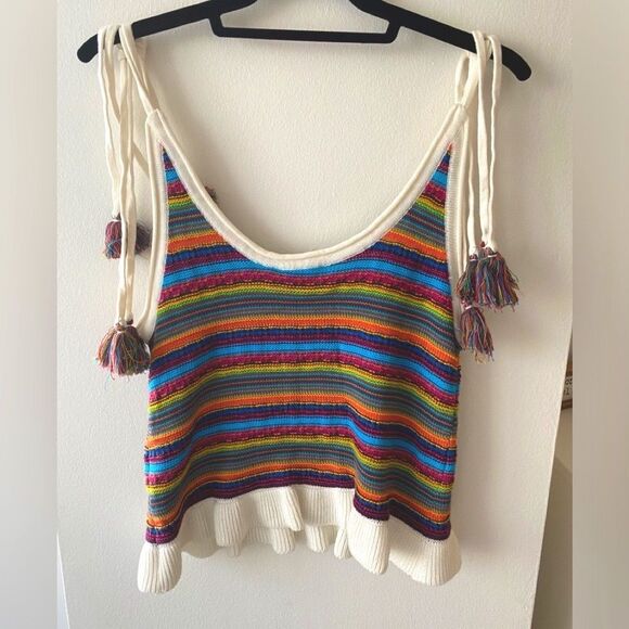 All Things Mochi NWT Knit Strappy Tank Top Rainbow Stripe Tassels Boho Festival - Picture 4 of 9